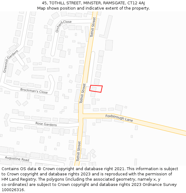 45, TOTHILL STREET, MINSTER, RAMSGATE, CT12 4AJ: Location map and indicative extent of plot