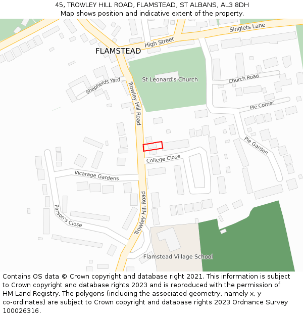 45, TROWLEY HILL ROAD, FLAMSTEAD, ST ALBANS, AL3 8DH: Location map and indicative extent of plot