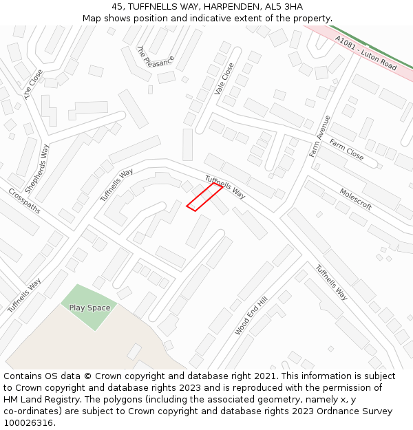 45, TUFFNELLS WAY, HARPENDEN, AL5 3HA: Location map and indicative extent of plot