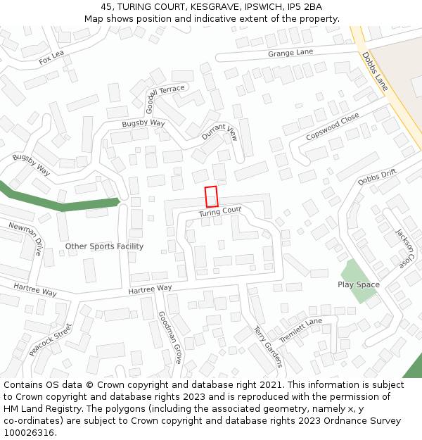 45, TURING COURT, KESGRAVE, IPSWICH, IP5 2BA: Location map and indicative extent of plot