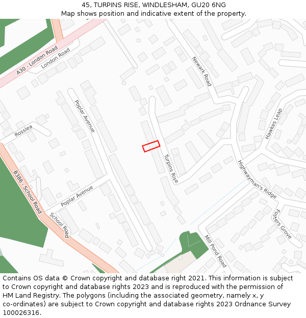 45, TURPINS RISE, WINDLESHAM, GU20 6NG: Location map and indicative extent of plot