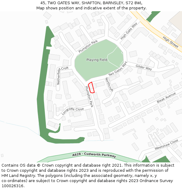 45, TWO GATES WAY, SHAFTON, BARNSLEY, S72 8WL: Location map and indicative extent of plot