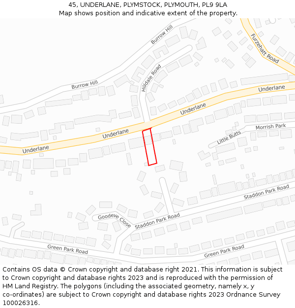 45, UNDERLANE, PLYMSTOCK, PLYMOUTH, PL9 9LA: Location map and indicative extent of plot