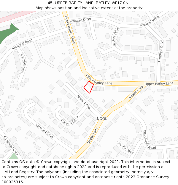 45, UPPER BATLEY LANE, BATLEY, WF17 0NL: Location map and indicative extent of plot