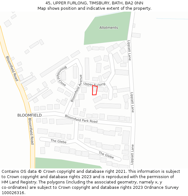 45, UPPER FURLONG, TIMSBURY, BATH, BA2 0NN: Location map and indicative extent of plot