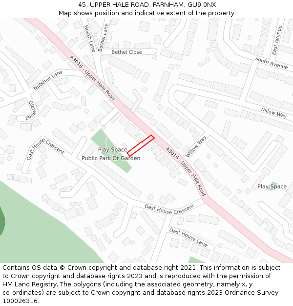 45, UPPER HALE ROAD, FARNHAM, GU9 0NX: Location map and indicative extent of plot