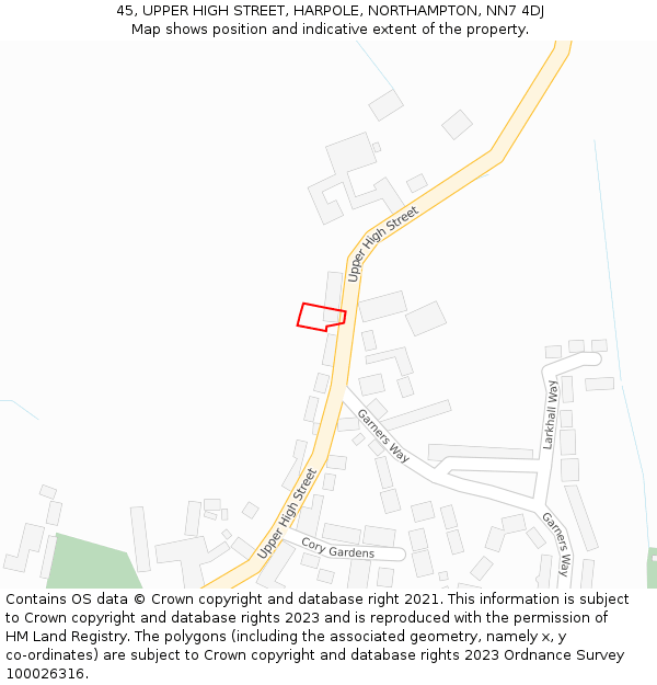 45, UPPER HIGH STREET, HARPOLE, NORTHAMPTON, NN7 4DJ: Location map and indicative extent of plot