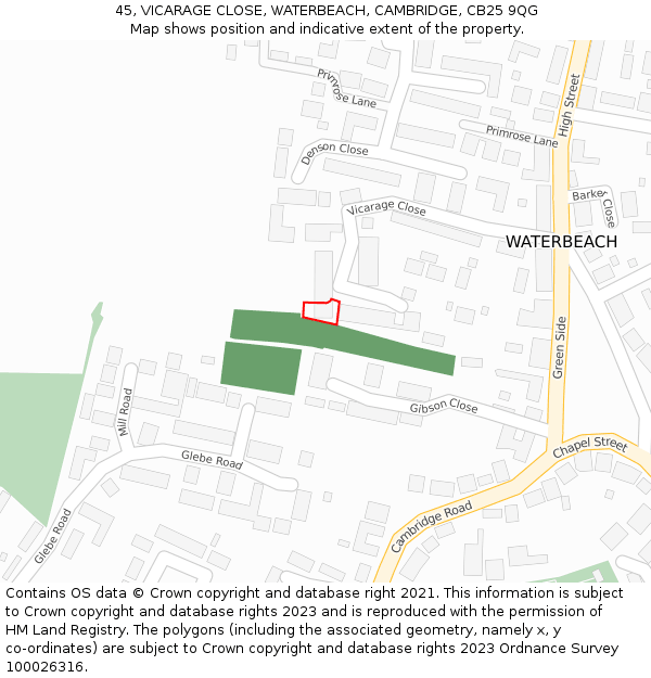 45, VICARAGE CLOSE, WATERBEACH, CAMBRIDGE, CB25 9QG: Location map and indicative extent of plot