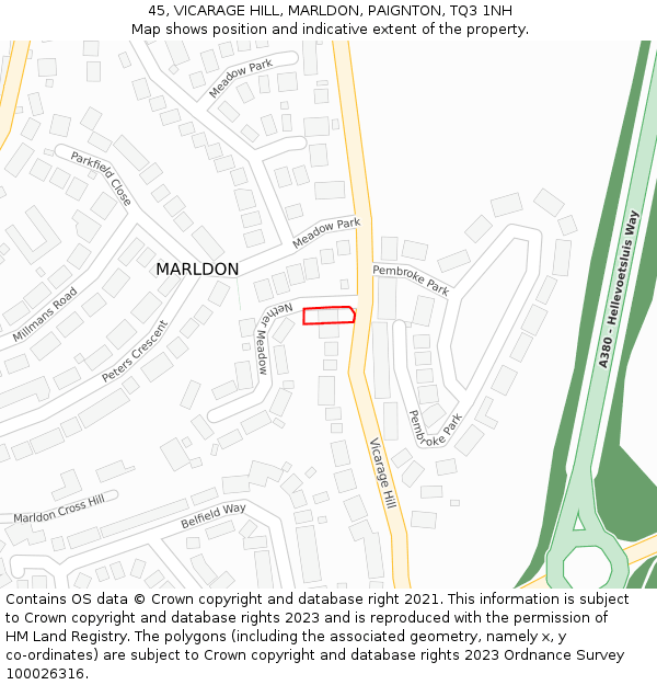 45, VICARAGE HILL, MARLDON, PAIGNTON, TQ3 1NH: Location map and indicative extent of plot