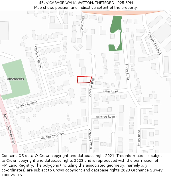 45, VICARAGE WALK, WATTON, THETFORD, IP25 6PH: Location map and indicative extent of plot