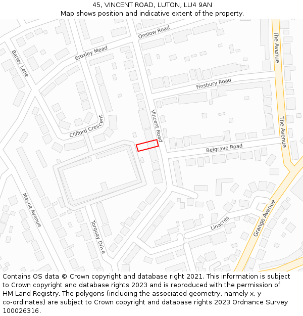 45, VINCENT ROAD, LUTON, LU4 9AN: Location map and indicative extent of plot