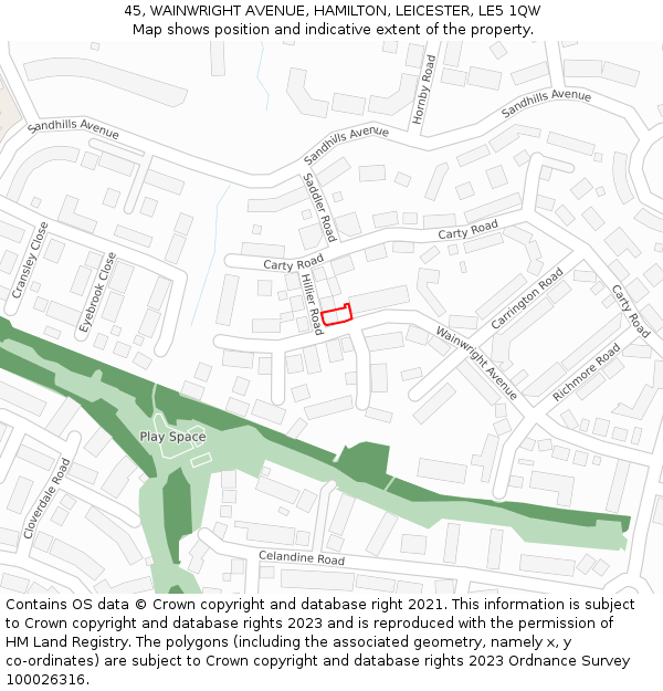 45, WAINWRIGHT AVENUE, HAMILTON, LEICESTER, LE5 1QW: Location map and indicative extent of plot