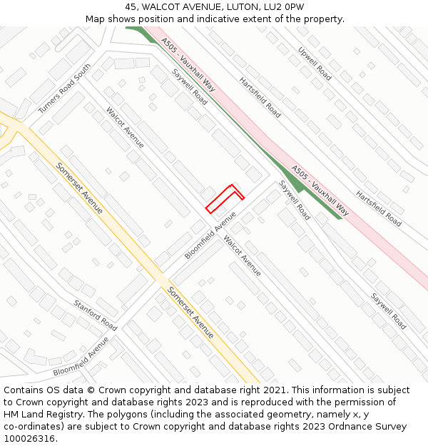 45, WALCOT AVENUE, LUTON, LU2 0PW: Location map and indicative extent of plot