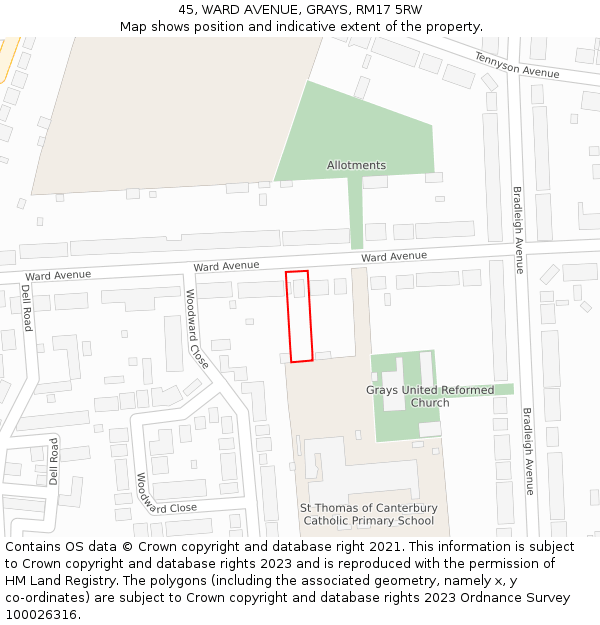 45, WARD AVENUE, GRAYS, RM17 5RW: Location map and indicative extent of plot