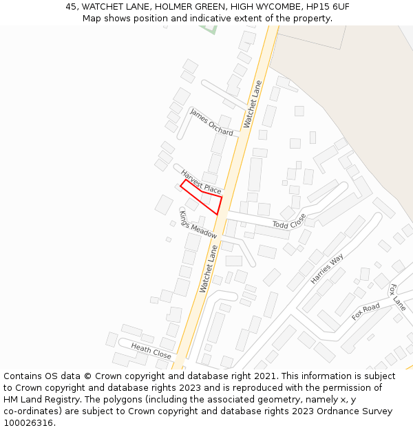 45, WATCHET LANE, HOLMER GREEN, HIGH WYCOMBE, HP15 6UF: Location map and indicative extent of plot