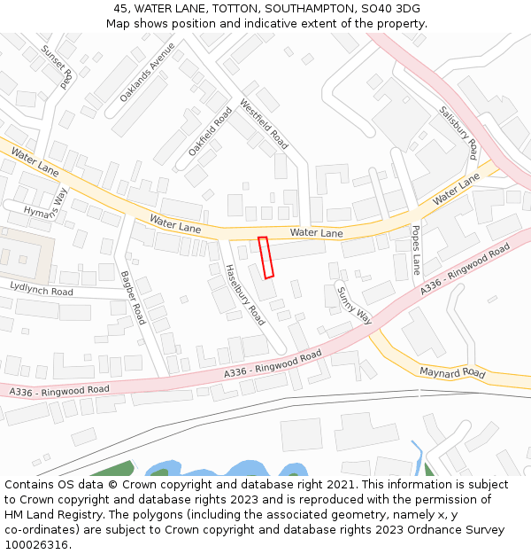 45, WATER LANE, TOTTON, SOUTHAMPTON, SO40 3DG: Location map and indicative extent of plot