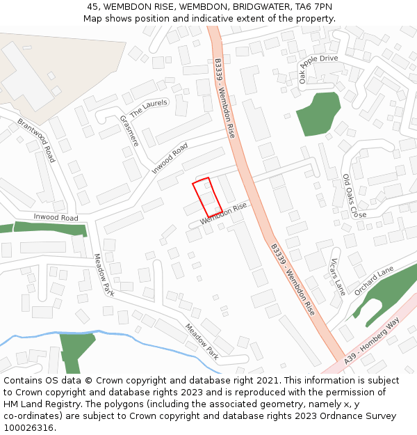 45, WEMBDON RISE, WEMBDON, BRIDGWATER, TA6 7PN: Location map and indicative extent of plot