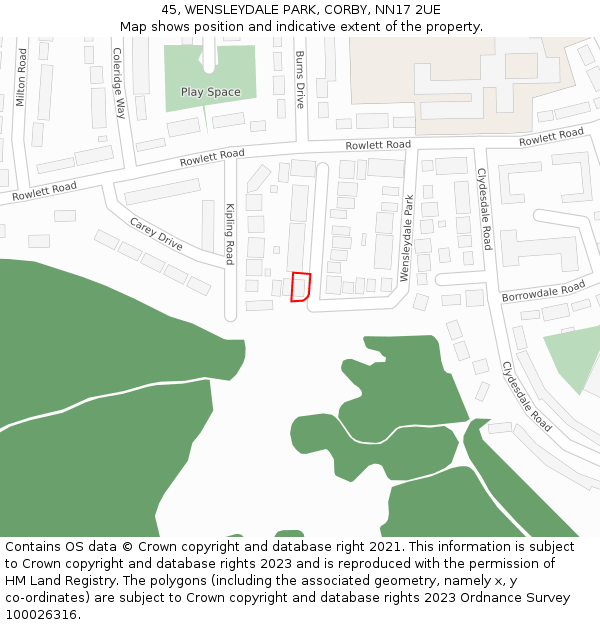 45, WENSLEYDALE PARK, CORBY, NN17 2UE: Location map and indicative extent of plot