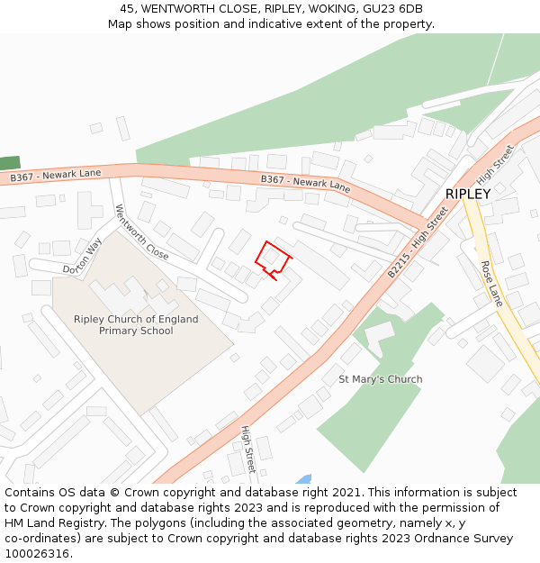 45, WENTWORTH CLOSE, RIPLEY, WOKING, GU23 6DB: Location map and indicative extent of plot