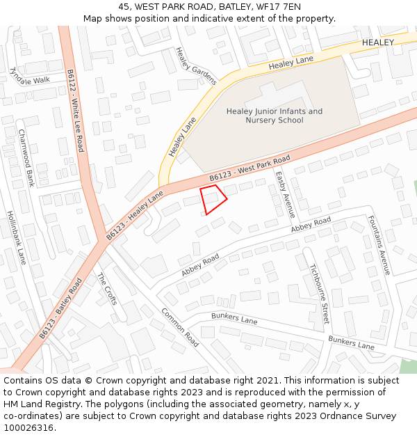 45, WEST PARK ROAD, BATLEY, WF17 7EN: Location map and indicative extent of plot