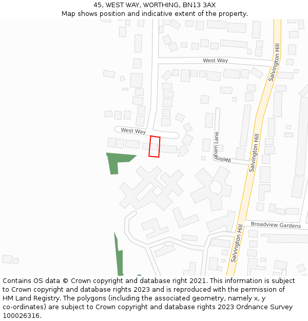 45, WEST WAY, WORTHING, BN13 3AX: Location map and indicative extent of plot