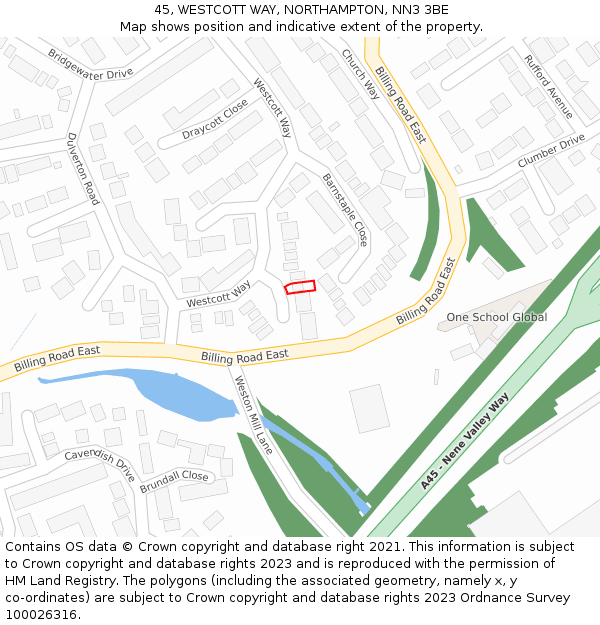 45, WESTCOTT WAY, NORTHAMPTON, NN3 3BE: Location map and indicative extent of plot