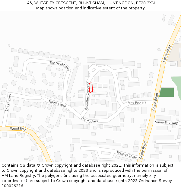 45, WHEATLEY CRESCENT, BLUNTISHAM, HUNTINGDON, PE28 3XN: Location map and indicative extent of plot