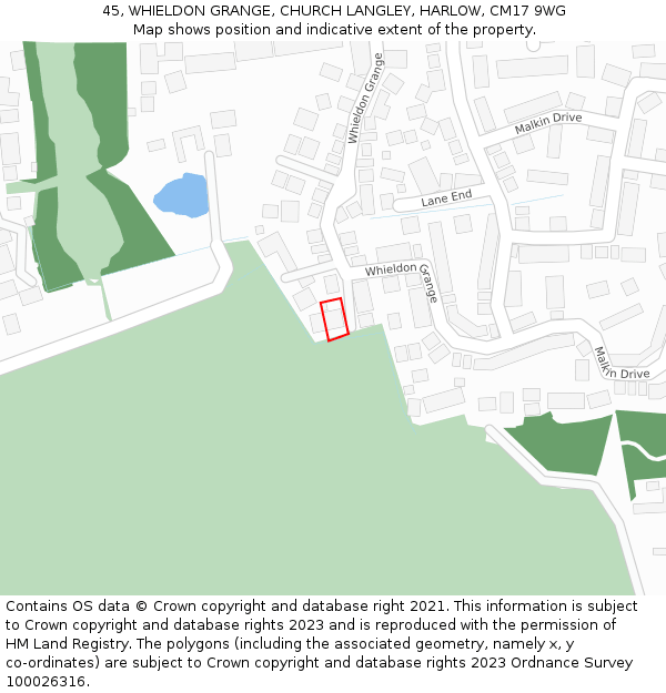 45, WHIELDON GRANGE, CHURCH LANGLEY, HARLOW, CM17 9WG: Location map and indicative extent of plot