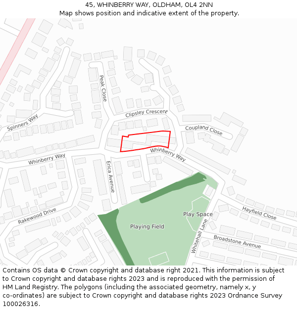 45, WHINBERRY WAY, OLDHAM, OL4 2NN: Location map and indicative extent of plot