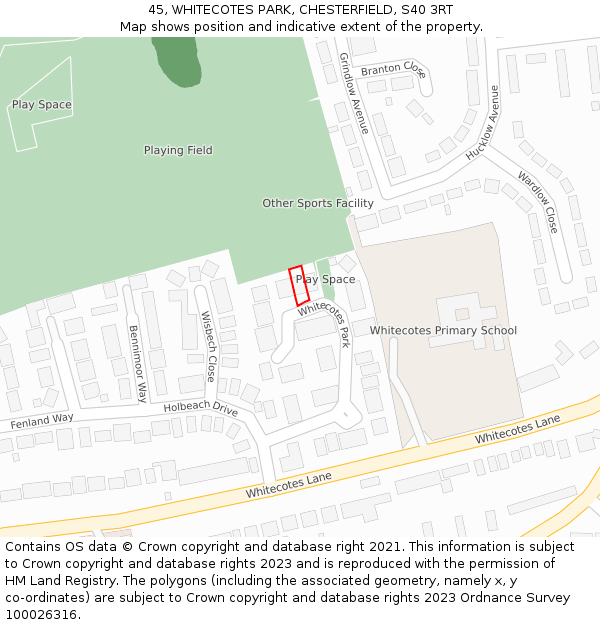 45, WHITECOTES PARK, CHESTERFIELD, S40 3RT: Location map and indicative extent of plot