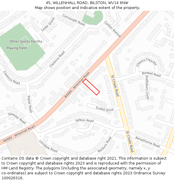 45, WILLENHALL ROAD, BILSTON, WV14 6NW: Location map and indicative extent of plot