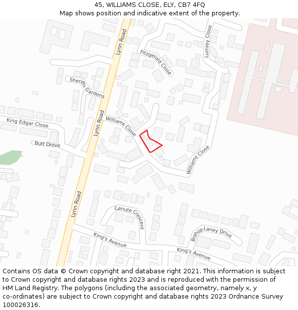 45, WILLIAMS CLOSE, ELY, CB7 4FQ: Location map and indicative extent of plot