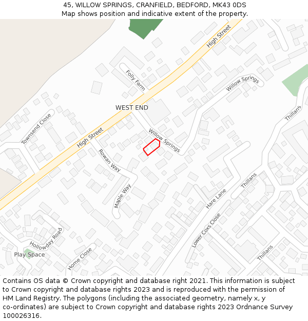 45, WILLOW SPRINGS, CRANFIELD, BEDFORD, MK43 0DS: Location map and indicative extent of plot