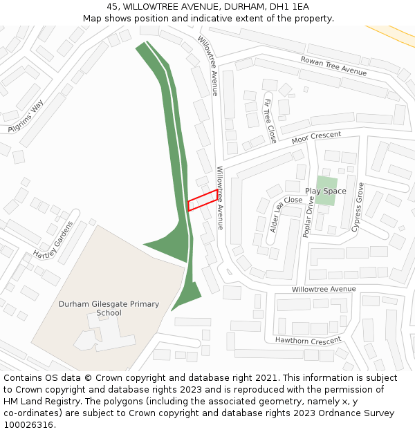 45, WILLOWTREE AVENUE, DURHAM, DH1 1EA: Location map and indicative extent of plot