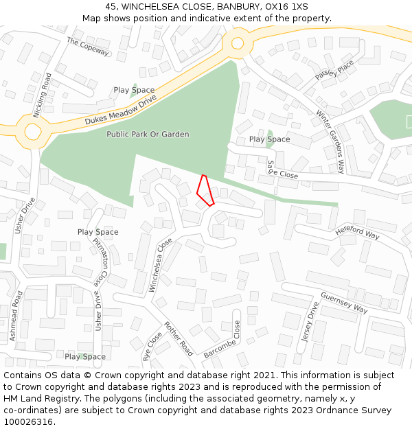 45, WINCHELSEA CLOSE, BANBURY, OX16 1XS: Location map and indicative extent of plot