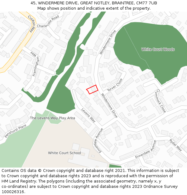 45, WINDERMERE DRIVE, GREAT NOTLEY, BRAINTREE, CM77 7UB: Location map and indicative extent of plot