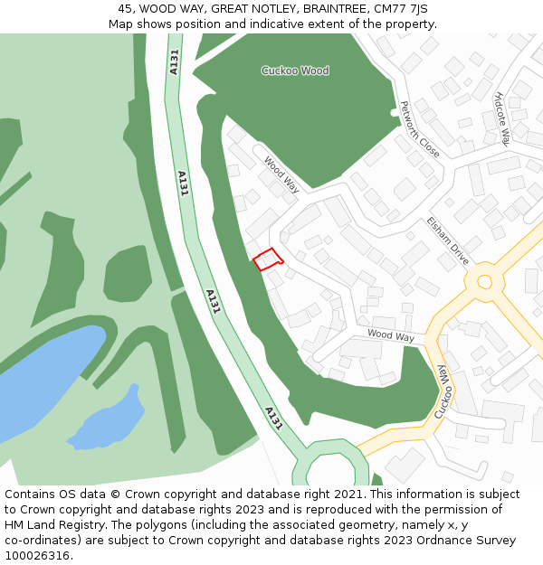 45, WOOD WAY, GREAT NOTLEY, BRAINTREE, CM77 7JS: Location map and indicative extent of plot