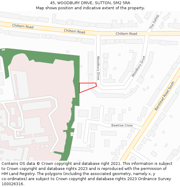 45, WOODBURY DRIVE, SUTTON, SM2 5RA: Location map and indicative extent of plot