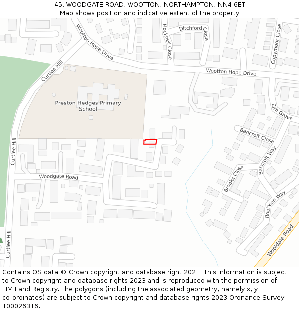 45, WOODGATE ROAD, WOOTTON, NORTHAMPTON, NN4 6ET: Location map and indicative extent of plot