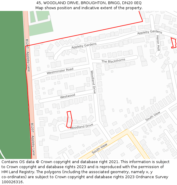 45, WOODLAND DRIVE, BROUGHTON, BRIGG, DN20 0EQ: Location map and indicative extent of plot