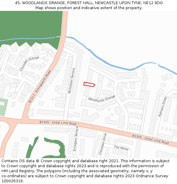 45, WOODLANDS GRANGE, FOREST HALL, NEWCASTLE UPON TYNE, NE12 9DG: Location map and indicative extent of plot