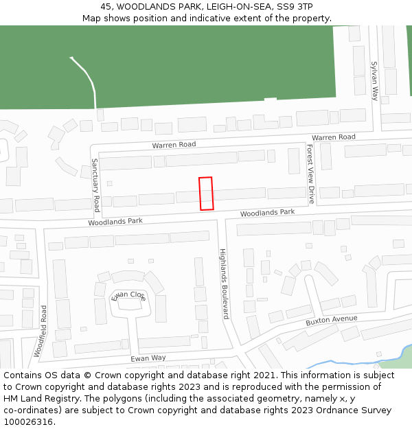 45, WOODLANDS PARK, LEIGH-ON-SEA, SS9 3TP: Location map and indicative extent of plot