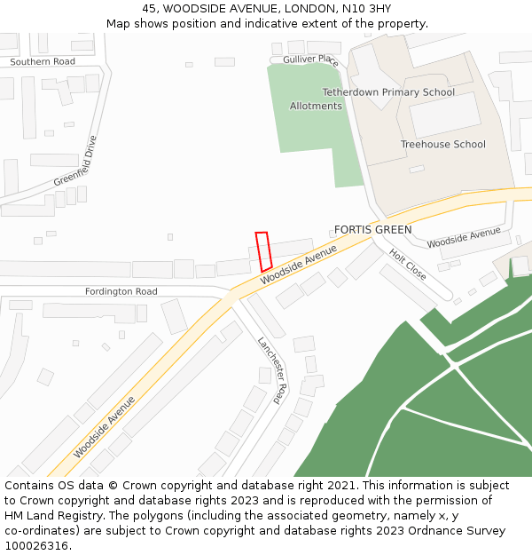 45, WOODSIDE AVENUE, LONDON, N10 3HY: Location map and indicative extent of plot