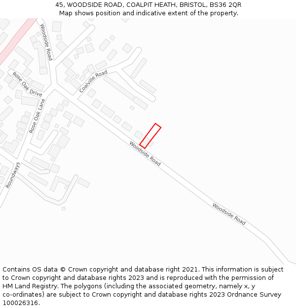 45, WOODSIDE ROAD, COALPIT HEATH, BRISTOL, BS36 2QR: Location map and indicative extent of plot