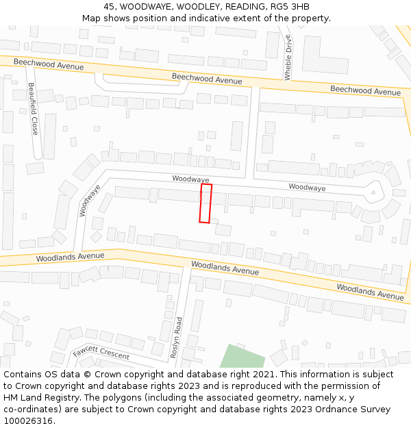 45, WOODWAYE, WOODLEY, READING, RG5 3HB: Location map and indicative extent of plot