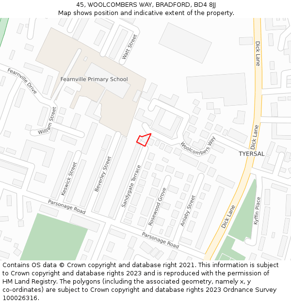 45, WOOLCOMBERS WAY, BRADFORD, BD4 8JJ: Location map and indicative extent of plot