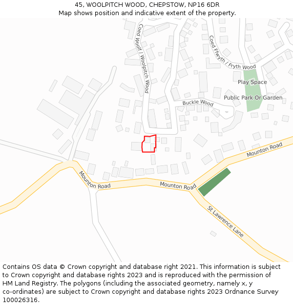45, WOOLPITCH WOOD, CHEPSTOW, NP16 6DR: Location map and indicative extent of plot