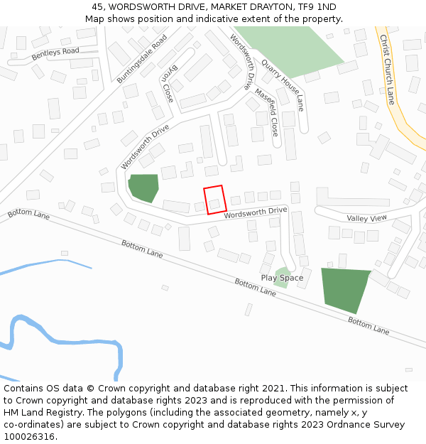 45, WORDSWORTH DRIVE, MARKET DRAYTON, TF9 1ND: Location map and indicative extent of plot