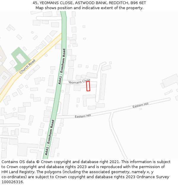 45, YEOMANS CLOSE, ASTWOOD BANK, REDDITCH, B96 6ET: Location map and indicative extent of plot