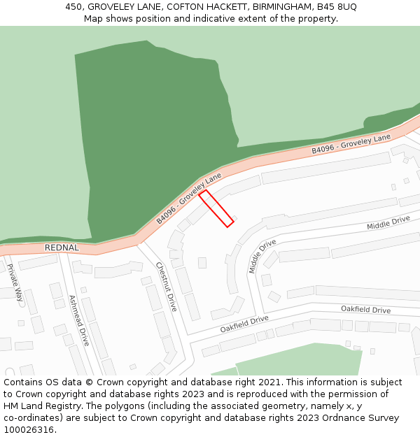 450, GROVELEY LANE, COFTON HACKETT, BIRMINGHAM, B45 8UQ: Location map and indicative extent of plot